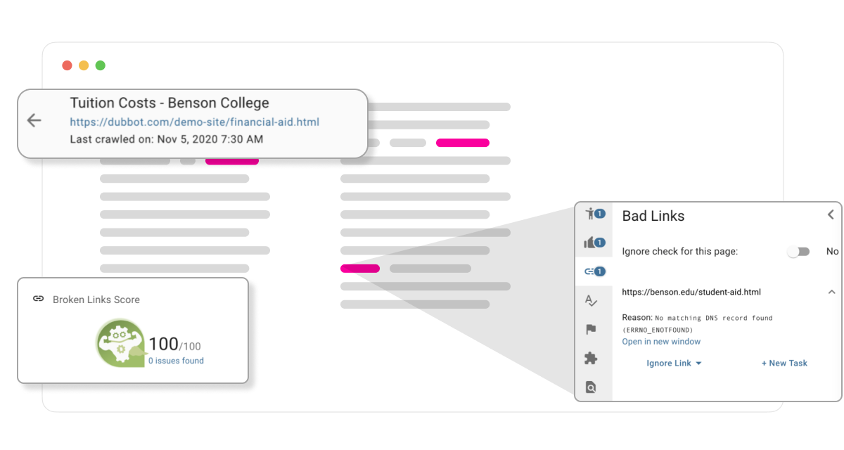 The broken-link report, each link with the pages that carry it