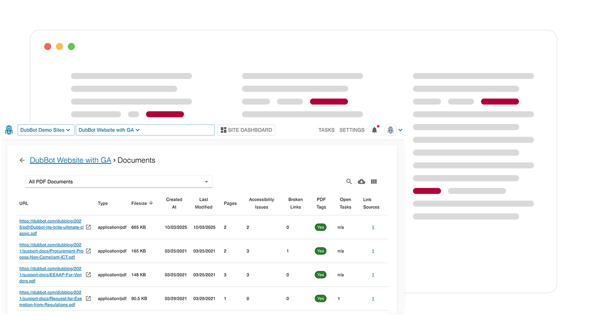 The DubBot PDF inventory, each document with its issue count